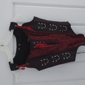 RED AND BLACK STEAMPUNK OVERBUST CORSET WITH SHOULDER STRAPS